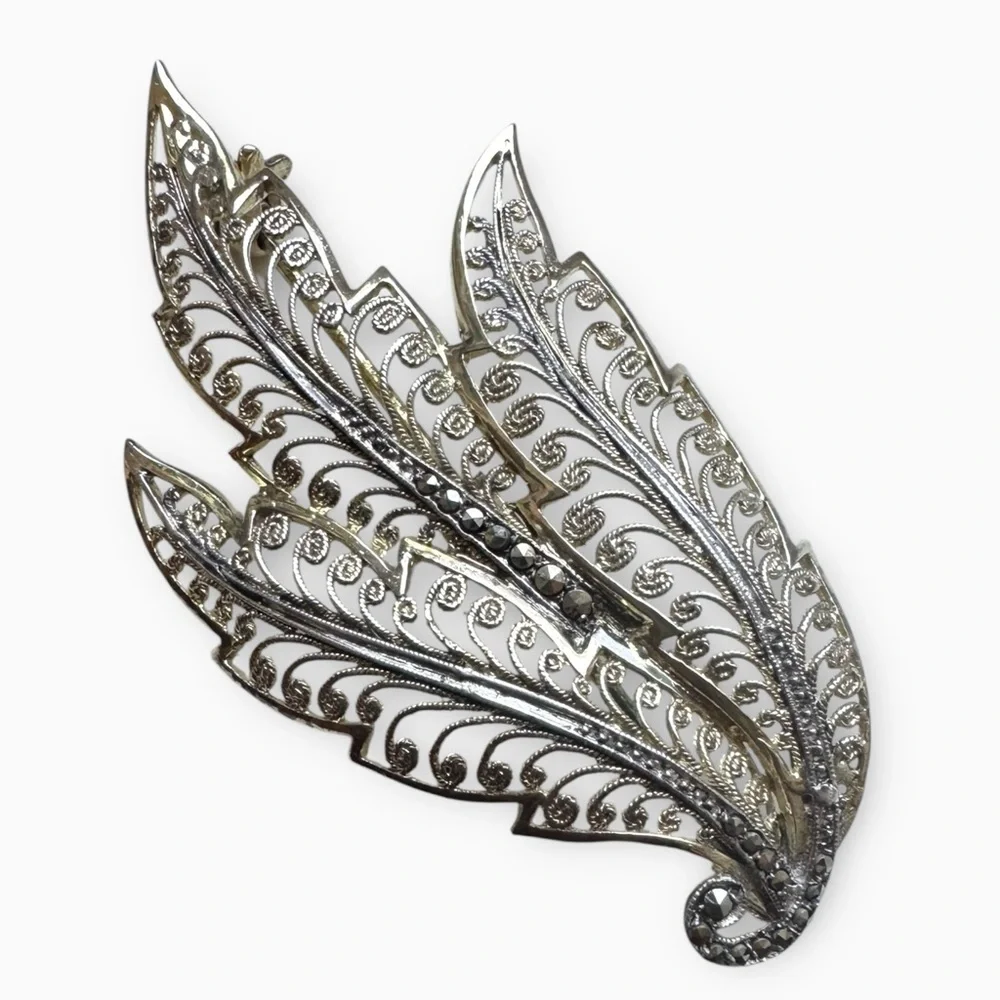 ALICE CAVINESS Vintage Germany Sterling Silver Filigree Leaf Brooch, Signed